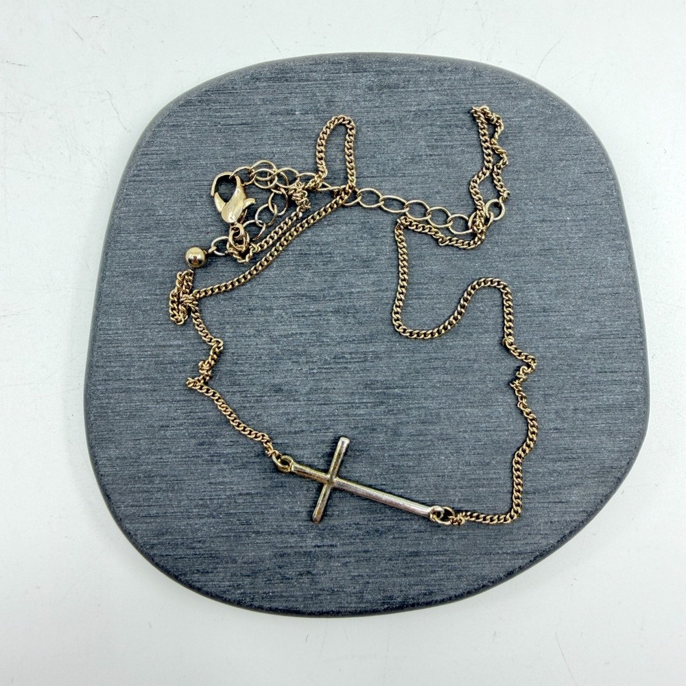 Gold Tone Minimalist Sideways Cross Pendant Necklace Dainty Chain Layer Jewelry